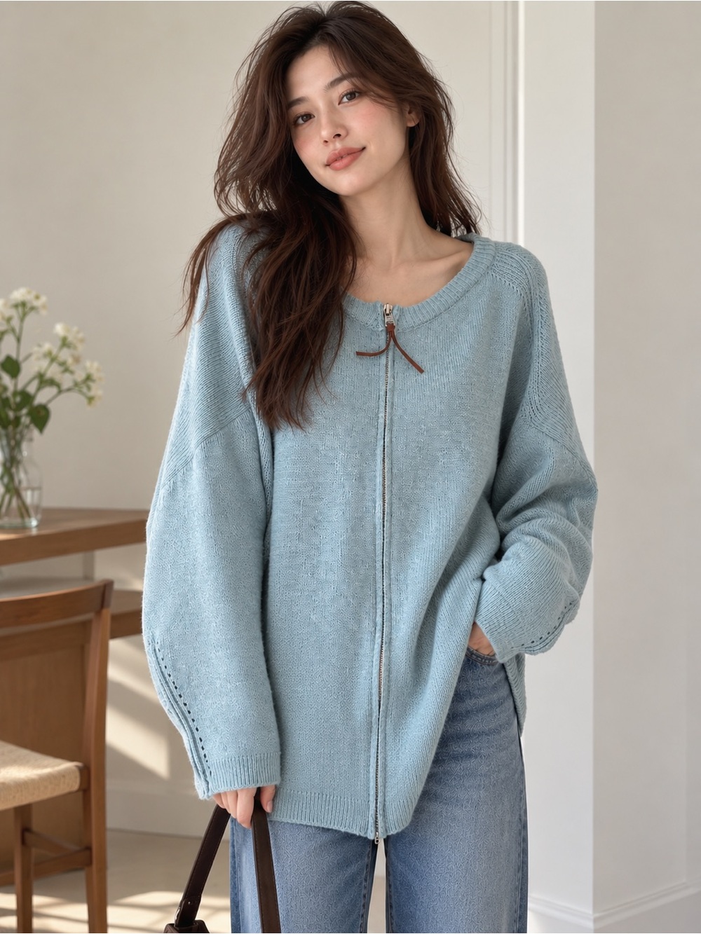 Light Blue Zip-Front Knit Sweater with side pockets